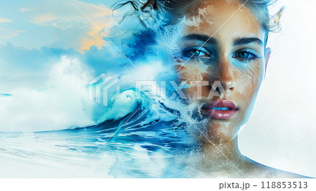 Poster of a woman and watercolor drawings of waves, an expressive collage about health care and body care Poster of a woman and watercolor drawings of waves, an expressive collage about health care and body care 118853513