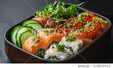 Bowl of sushi made from red fish and chopped fresh vegetables and microgreens, healthy natural food, concept for delivery dish Bowl of sushi made from red fish and chopped fresh vegetables and microgreens, healthy natural food, concept for delivery dish 118853523