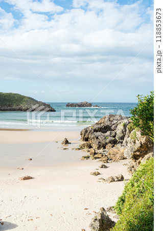 Beautiful view of Barro beach, in Llanes. No people 118853673