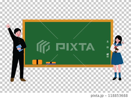 Male and female students posing in front of a blackboard 118853688