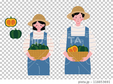 Illustration of male and female pumpkin farmers 118853691