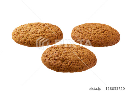 Oatmeal cookies isolated. Round oatmeal cookies isolated on white background. 118853720