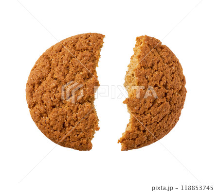 Broken round oatmeal cookies isolated on white background, top view. 118853745