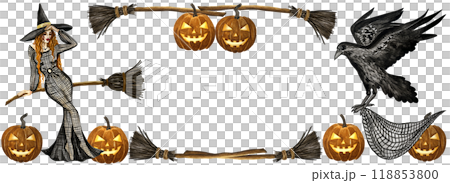 Watercolor set of autumn illustrations for Halloween with pumpkins, candles, raven, broom, witch, book. Happy Halloween party invitation or greeting card set for design of cards, posters. Watercolor set of autumn illustrations for Halloween with pumpkins, candles, raven, broom, witch, book. Happy Halloween party invitation or greeting card set for design of cards, posters. 118853800