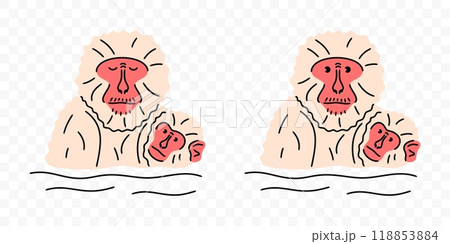 Japanese macaque with babies soak in hot spring, graphic design. Snow monkey bathing and soaking, primate and animal, vector design and illustration 118853884