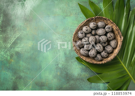 A woven basket filled with freshly harvested organic fruits resting on a green textured background 118853974