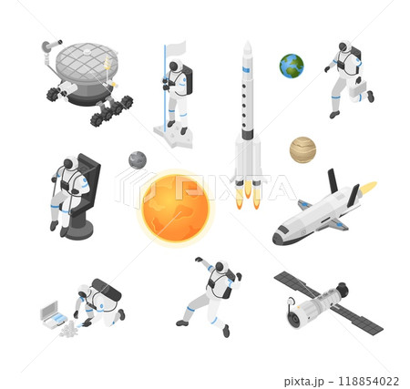 Isometric astronaut and space elements. Universe exploring, cosmonaut scientist doing research. Spacesuit, training, ship and satellite flawless vector set Isometric astronaut and space elements. Universe exploring, cosmonaut scientist doing research. Spacesuit, training, ship and satellite flawless vector set 118854022