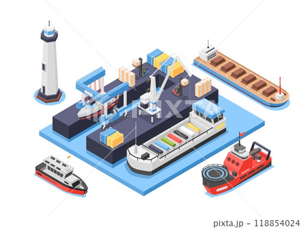 Isometric seaport cargo service. Ship renovation and repair station. Industrial marine port, ships vessels boats. 3d ocean terminal flawless vector scene Isometric seaport cargo service. Ship renovation and repair station. Industrial marine port, ships vessels boats. 3d ocean terminal flawless vector scene 118854024