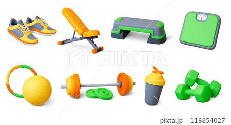 Sport 3d equipment. Dumbbells and barbell, bench press, floor scales realistic render style. Fitness ball and hula hoop, sneakers, pithy vector set Sport 3d equipment. Dumbbells and barbell, bench press, floor scales realistic render style. Fitness ball and hula hoop, sneakers, pithy vector set 118854027