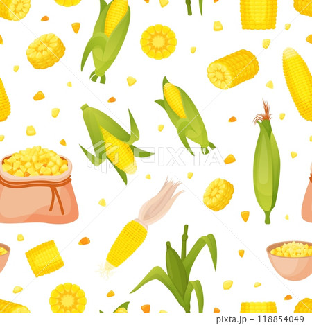 Corn cobs seamless pattern. Corns spikelets, yellow grains and cob in leaves. Agriculture fresh market, seasonal harvest. Organic raw vector background Corn cobs seamless pattern. Corns spikelets, yellow grains and cob in leaves. Agriculture fresh market, seasonal harvest. Organic raw vector background 118854049