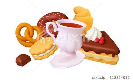Tea time 3d composition. Teacup pastry and cake. Donut croissant cookie and chocolate. Tasty desserts realistic elements, cafe breakfast vector scene Tea time 3d composition. Teacup pastry and cake. Donut croissant cookie and chocolate. Tasty desserts realistic elements, cafe breakfast vector scene 118854052