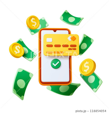 Mobile payment approved 3d concept. Smartphone wallet app, credit card on screen and falling money, banknotes and coins. Online banking vector scene Mobile payment approved 3d concept. Smartphone wallet app, credit card on screen and falling money, banknotes and coins. Online banking vector scene 118854054