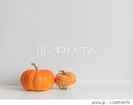 Two ripe pumpkins on a white table with copy space. Autumn pumpkin harvest. 118854070