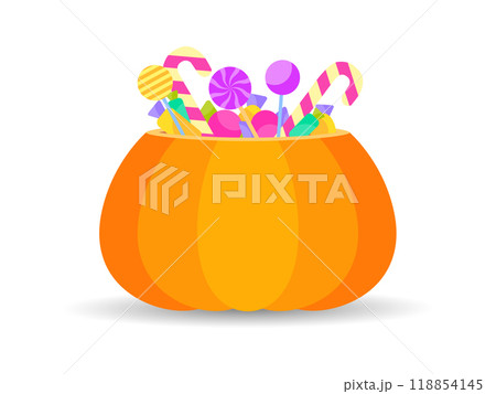 Halloween pumpkin with candies and lollipops. Jack o lantern filled with candies for Halloween treats. Design for printing banners, posters and holiday products. Vector illustration 118854145