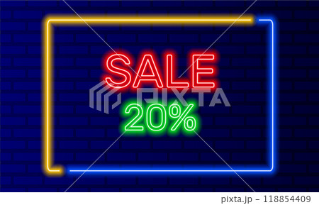 Neon sign 20 percent sale in speech bubble frame on brick wall background vector. Light banner on wall background. 20 percent sale button discounts and promotions, design template, neon signboard 118854409