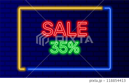 Neon sign 35 percent sale in speech bubble frame on brick wall background vector. Light banner on wall background. 35 percent sale button discounts and promotions, design template, neon signboard 118854413