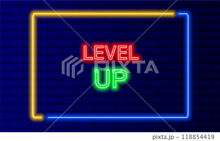 Neon sign level up in speech bubble frame on brick wall background vector. Light banner on wall background. Level up button develop and grow, design template, neon signboard Neon sign level up in speech bubble frame on brick wall background vector. Light banner on wall background. Level up button develop and grow, design template, neon signboard 118854419