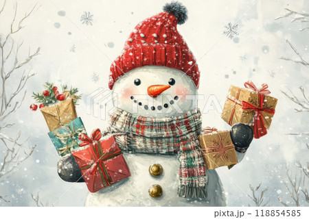 Snowman in a red knitted hat with gifts 118854585