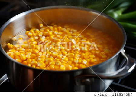 Corn kernels are boiled in a saucepan 118854594