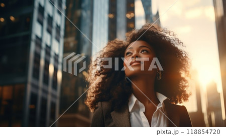 Happy young African American business woman standing in city looking away. Neural network ai generated art Happy young African American business woman standing in city looking away. Neural network ai generated art 118854720