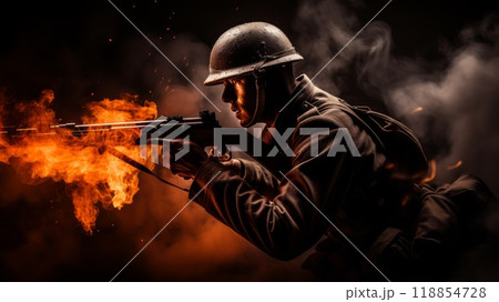Special forces soldier in the fire on dark background. Neural network ai generated art 118854728