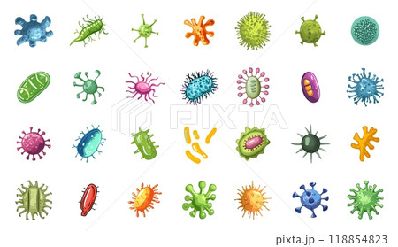 Bacteria and virus icons. Microbe disease colorful germs. Bacterium infection disease virus cell flu research pandemia. Mobile and web health medical science decorative element. Cartoon style isolated 118854823