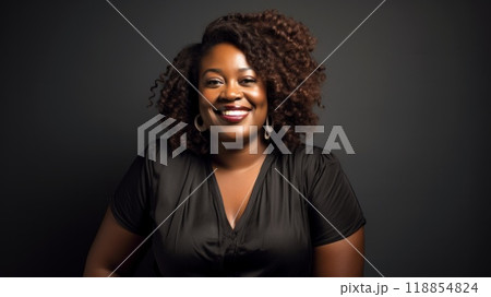 Portrait of dark skinned plus size woman smiles gladfully being in good mood. Neural network ai generated art 118854824