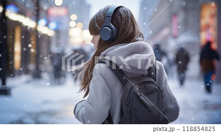 A woman walks around the city in bad cold weather with a backpack. Neural network ai generated art 118854825