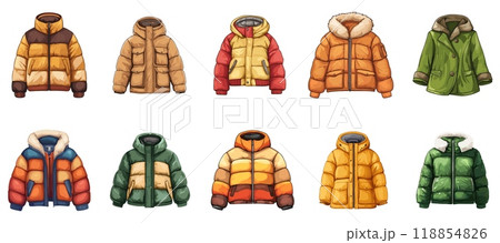 Autumn or winter puffer jacket set. Front view. With a hood and a warm collar. Hooded zipper raincoat. Outdoors outfit for cold weather. Fashionable clothes. Cartoon style isolated vector clipart 118854826