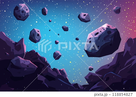 Asteroids in the space background. Planets in outer space landscape. Galaxy, cosmos, universe futuristic fantasy view with rocks ad celestial bodies. Colorful starry sky. Cartoon style vector 118854827