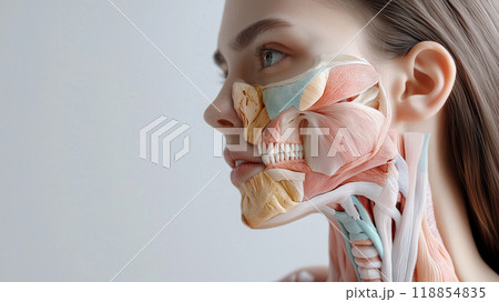 Human anatomy art: intricate muscles and skeleton detailed side view portrait 118854835