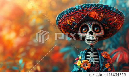 Skeleton with colorful sombrero and embroidered outfit.The day of the dead 118854836