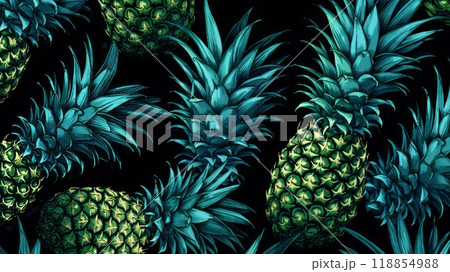 Big amount of green Hawaiian pineapples background. Neural network ai generated art 118854988