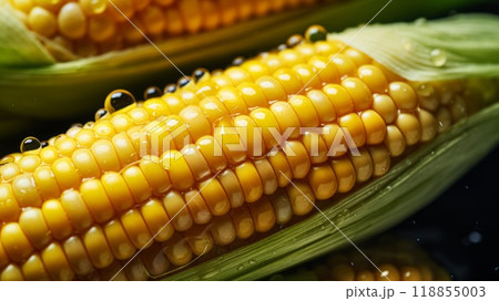 Pile of fresh corns with glistening droplets of water. Advertising photography. Neural network ai generated art Pile of fresh corns with glistening droplets of water. Advertising photography. Neural network ai generated art 118855003