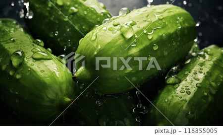 Pile of fresh chayotes with glistening droplets of water. Advertising photography. Neural network ai generated art Pile of fresh chayotes with glistening droplets of water. Advertising photography. Neural network ai generated art 118855005