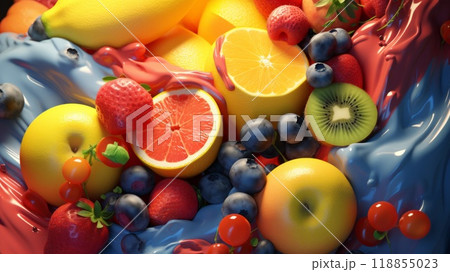 Many different fruits in motion of yoghurt splashes close up. Neural network ai generated art 118855023