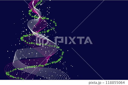 An abstract Christmas tree design with colorful lines and green dots on a dark blue background. The image conveys a festive and modern concept. Vector illustration 118855064