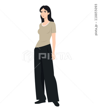 Vector illustration of a girl with a beige t-shirt and wide black pants. Vector illustration of a girl with a beige t-shirt and wide black pants. 118855093