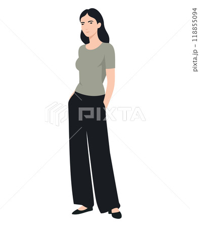 Vector illustration of a girl wearing an olive t-shirt and black wide leg pants for a comfortable and understated look. 118855094