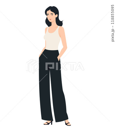 Vector illustration of a girl in a minimalistic look with a white top and black pants, suitable for everyday wear. 118855095