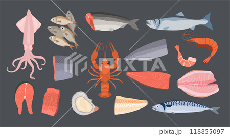 Seafood. Ocean fish oyster and octopus recent exotic restaurant menu products from ocean vector illustrations in cartoon style 118855097