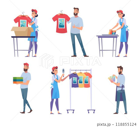 Screen printing. Silk screen professional workers in print house working with different tools squeegee and mesh stencil frame exact vector cartoon characters Screen printing. Silk screen professional workers in print house working with different tools squeegee and mesh stencil frame exact vector cartoon characters 118855124