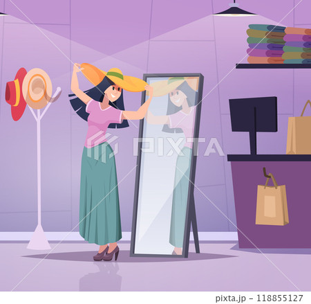 clothes store. woman tries clothes near mirror in fashioned boutique 118855127