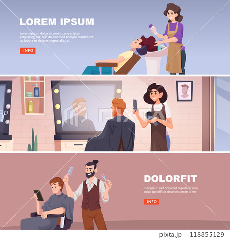 barbers. hairdressers and stylists working. vector horizontal banners with place for text 118855129
