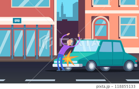 road accident. car hit a pedestrian in city. vector cartoon background 118855133