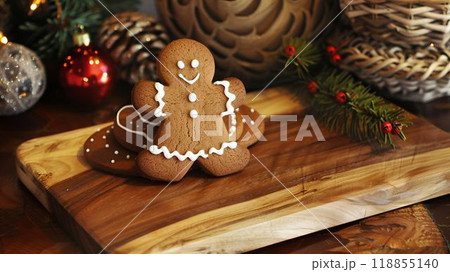 Generative Ai illustration. Christmas homemade gingerbread cookies on wooden table 118855140