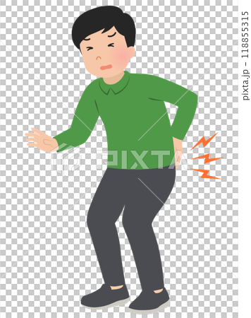 一個背痛和背部拉傷的男人的向量圖 118855315