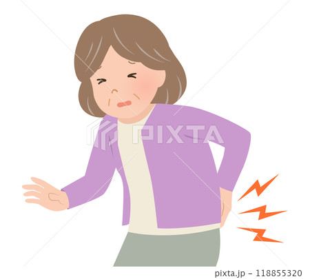 腰痛・ぎっくり腰の上半身シニア女性_ベクターイラスト 腰痛・ぎっくり腰の上半身シニア女性_ベクターイラスト 118855320