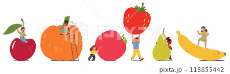 Children Interacting Playfully With Huge Fruits Including Cherry, Pumpkin, Apple, Strawberry, Pear And Banana Children Interacting Playfully With Huge Fruits Including Cherry, Pumpkin, Apple, Strawberry, Pear And Banana 118855442