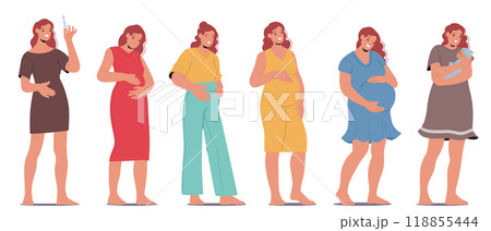 Cartoon Vector Illustration Showing The Journey from Pregnancy Test Through Various Stages to Motherhood 118855444